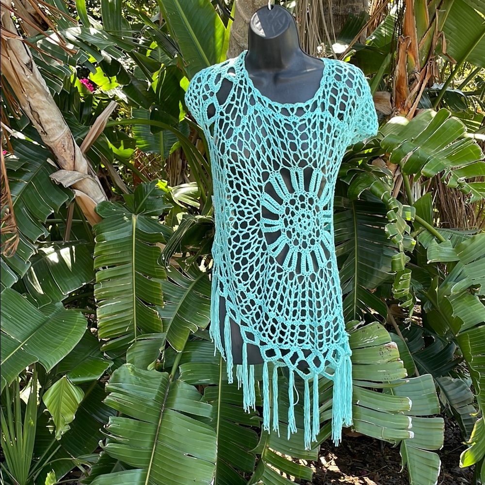 Crochet fringe asymmetric, top or swimsuit cover-up